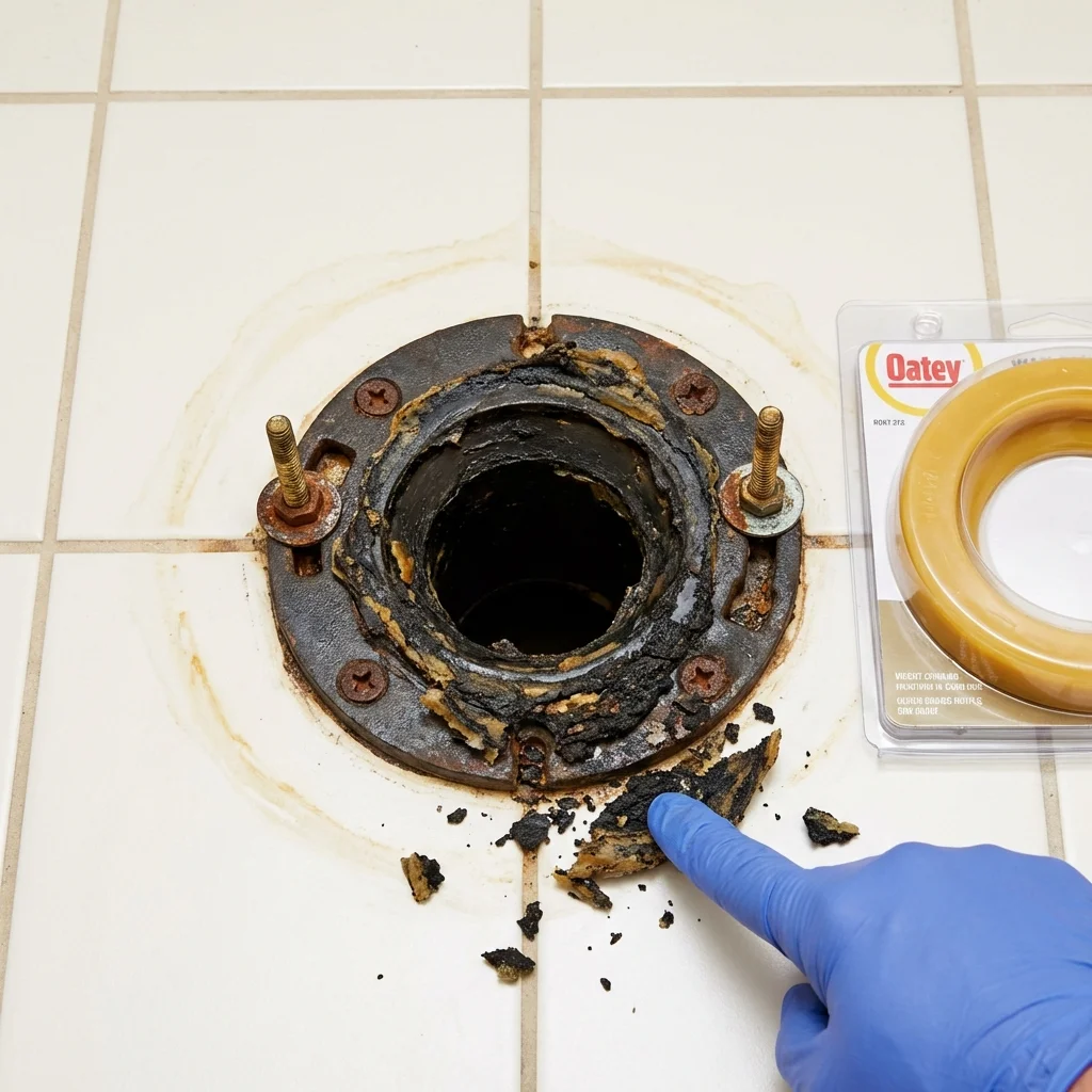 Failed wax ring showing water seepage at the base of a toilet in a Vandalia, IL home