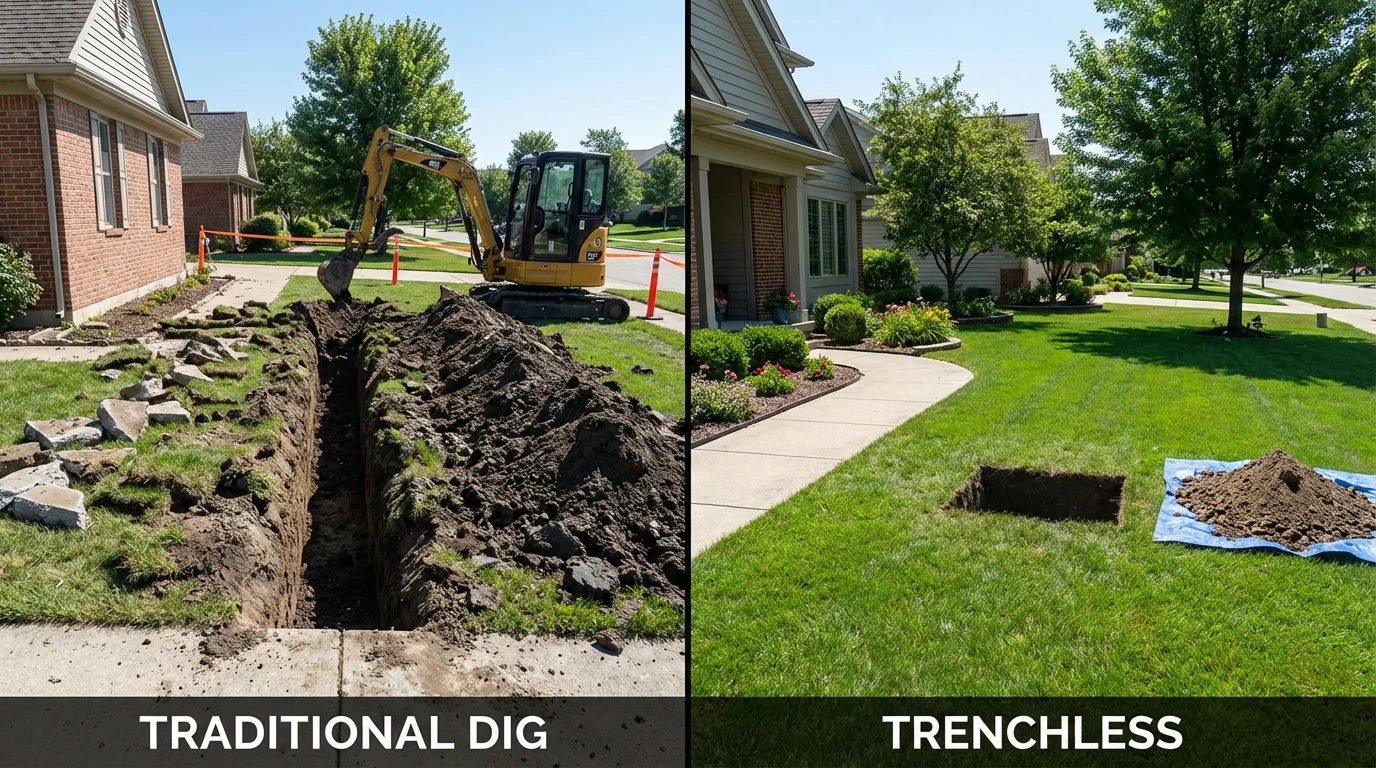 Trenchless sewer repair with minimal yard damage versus traditional excavation in Vandalia, IL