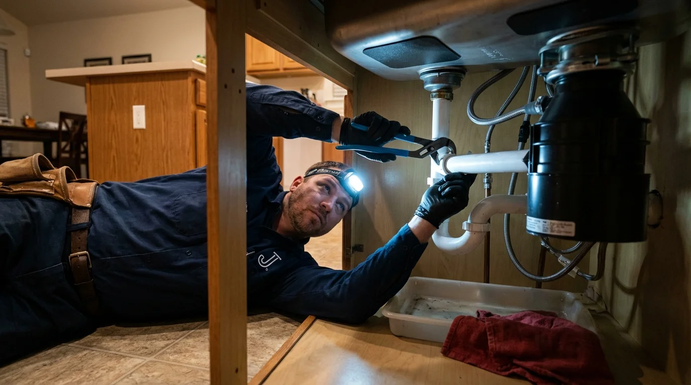 P-trap and supply line connections under a kitchen sink showing a common leak point in Vandalia, IL